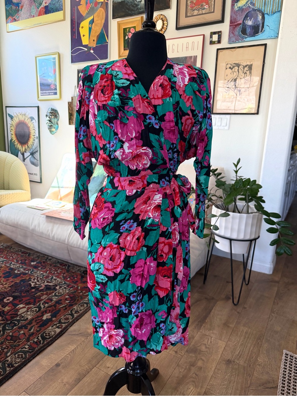 Vintage Carole Little Vibrant Sexy Floral Wrap Party Dress in Green & Pinks